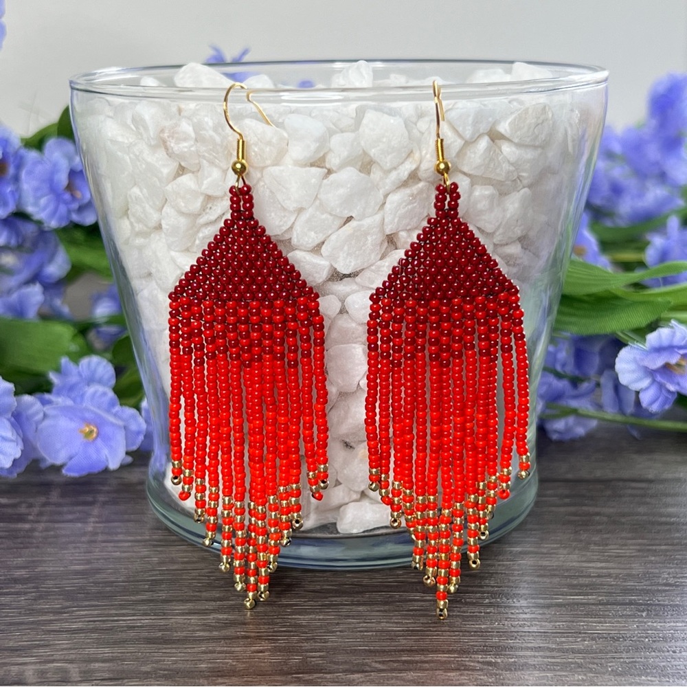 Red Gold Seed Bead Fringe Tassel Dangle‎ Earrings Handmade